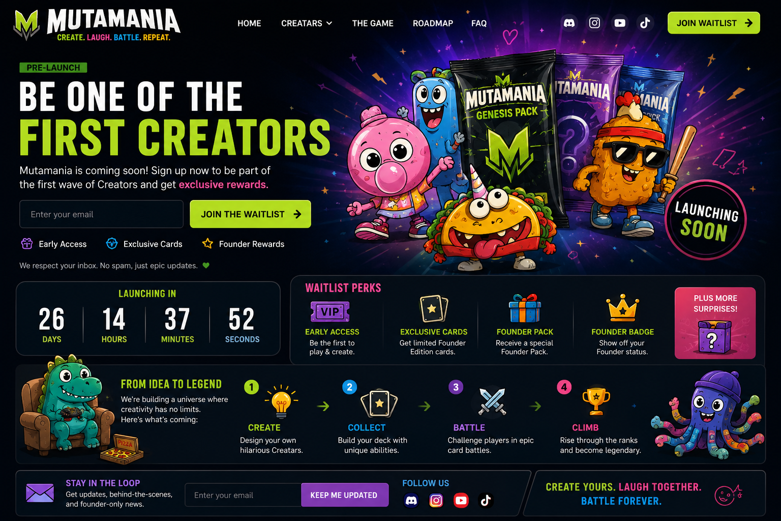 Mutamania — Create. Laugh. Battle. Repeat. Pre-launch waitlist page.